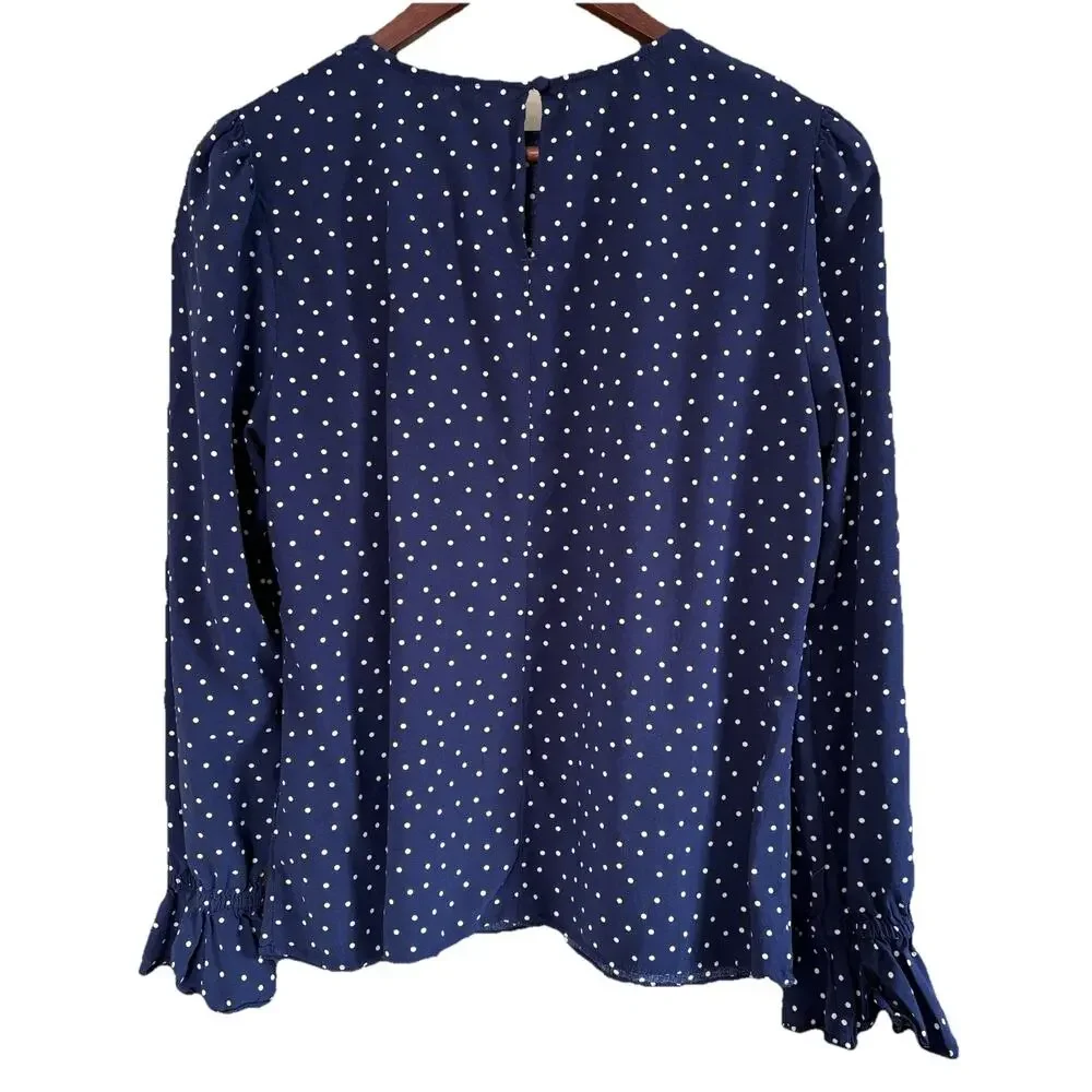 Boden Women's 100% Viscose Navy with White Polka Dot Long Puff Sleeve Blouse